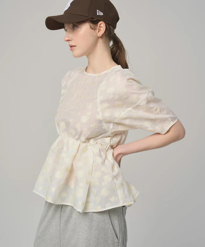 Flower Sheer Jacquard Volume Sleeve Peplum Blouse / 5 Minutes Sleeve
