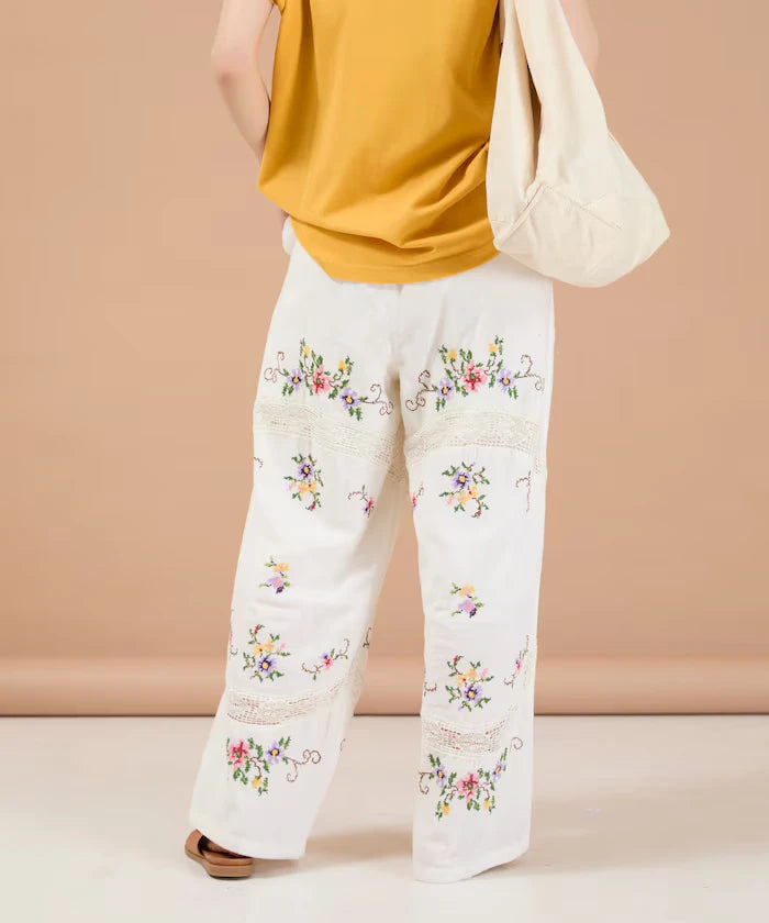 India Flower Cross Embroidery Lace Pants