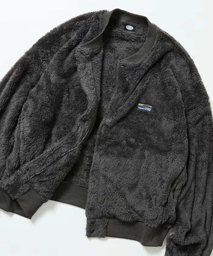 Relaxed Fit Shaggy Fleece Crew Neck Cardigan