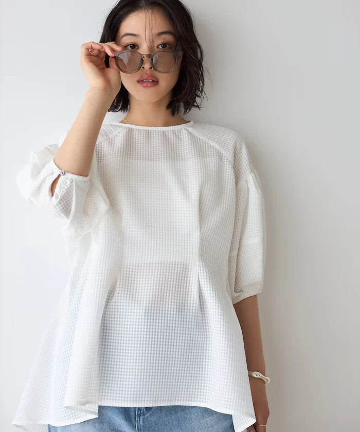 Sheer Check Balloon Sleeve Blouse