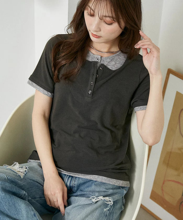 Layered-style Henley Neck T-shirt Limited Edition