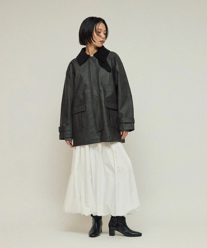 Oversized Crush Leatherette Jacket / Collar Corduroy