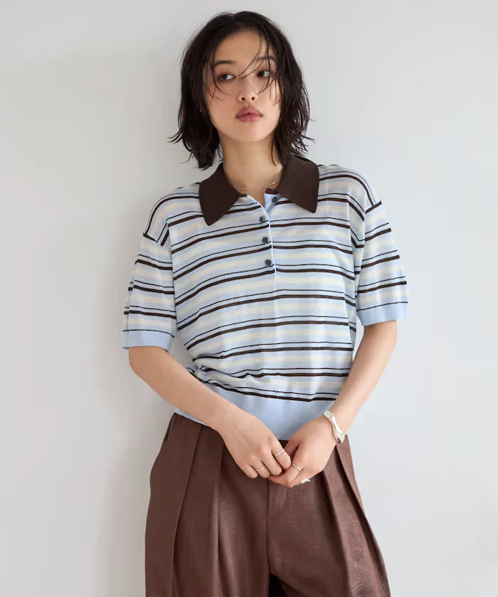 Relaxed Fit Color Design Polo Knit / Bicolor / Multi Stripe