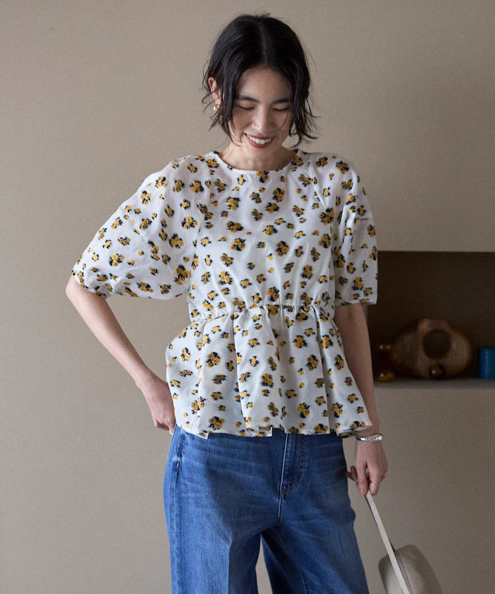 Flower Sheer Jacquard Volume Sleeve Peplum Blouse / 5 Minutes Sleeve