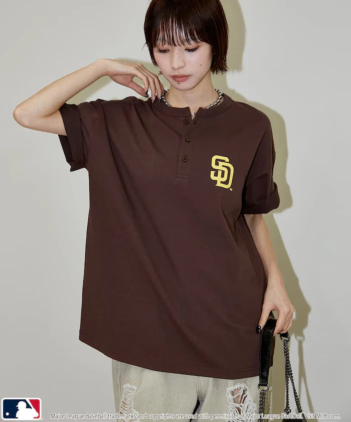 Limited Edition MLB Logo Print Henley Neck Oversized T-Shirt