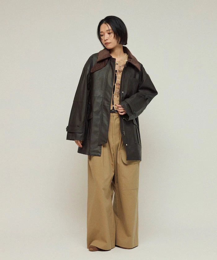 Oversized Crush Leatherette Jacket / Collar Corduroy