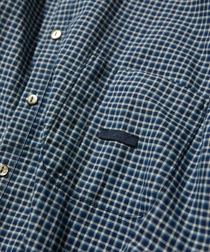 Indigo Madras Check Pullover Stand Collar Shirt