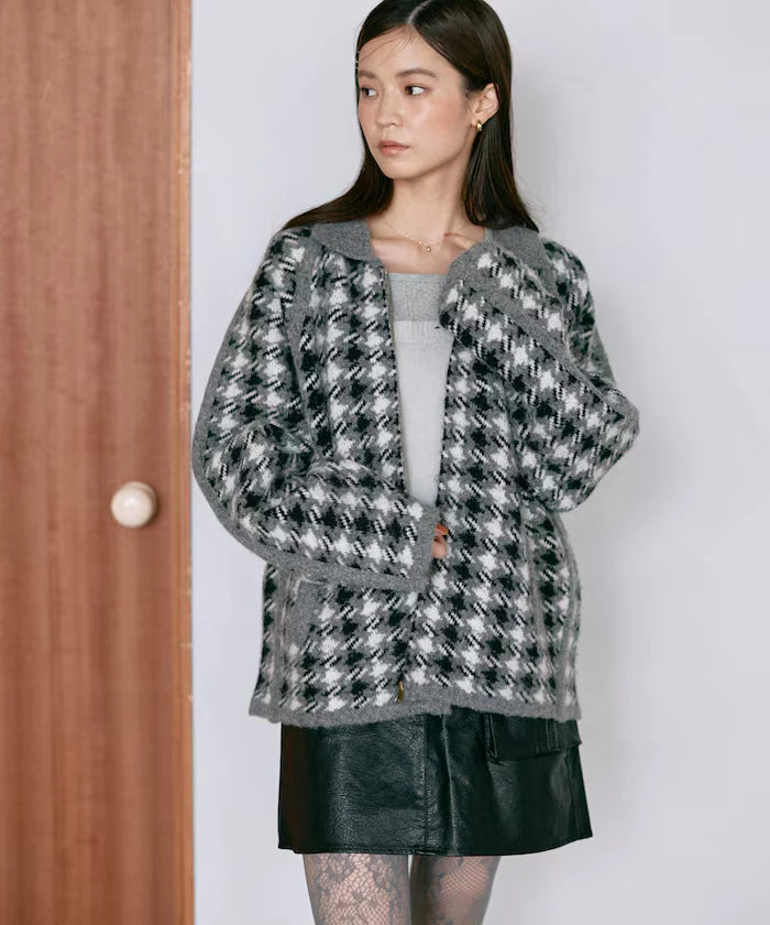 Wool Blend Gancube Check Knit Zip Blouson