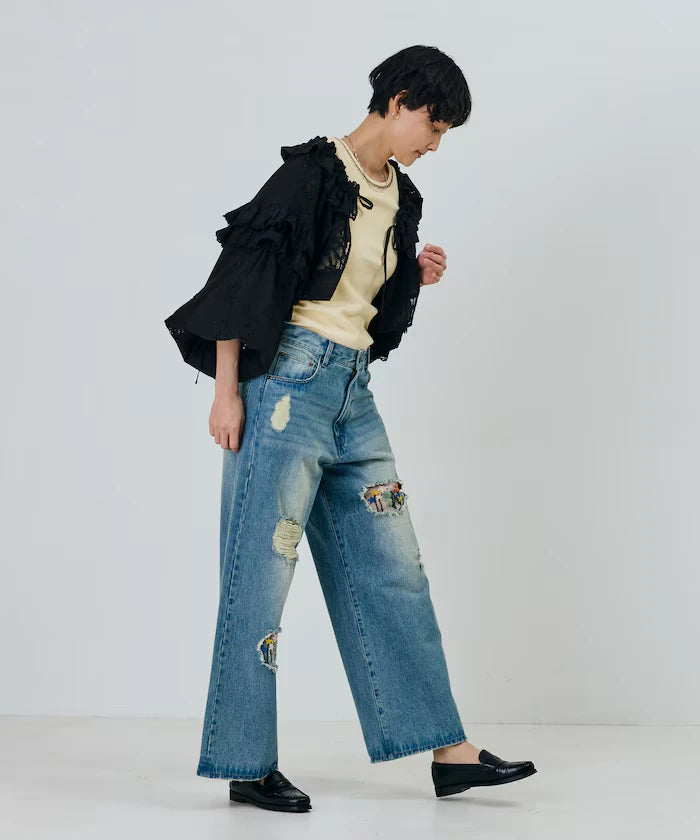 Flower Embroidery Wide Denim