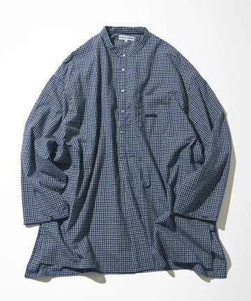 Indigo Madras Check Pullover Stand Collar Shirt