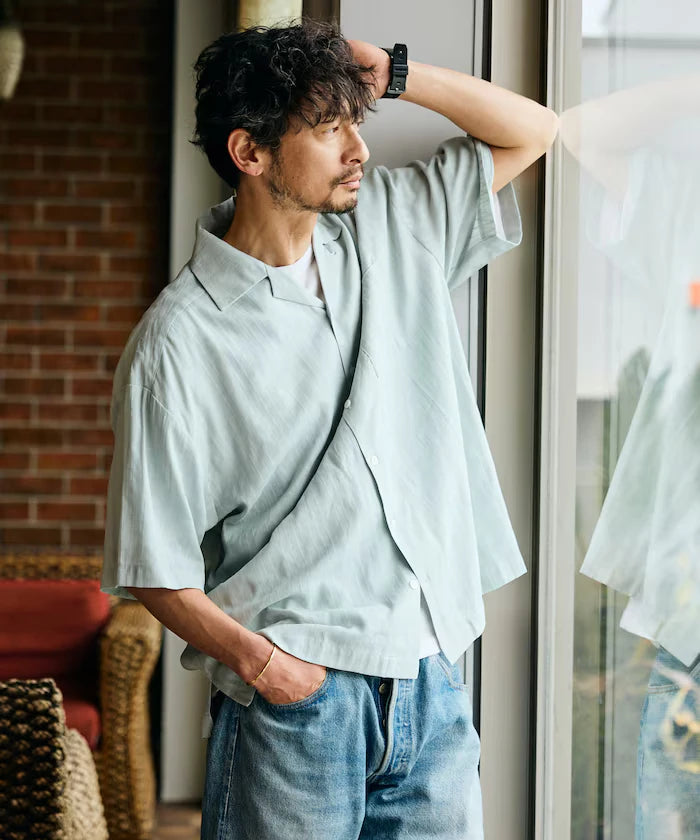 Jacquard Relaxed Fit Open Collar Short Sleeve Shirt Semi-Sheer Dobby Weave