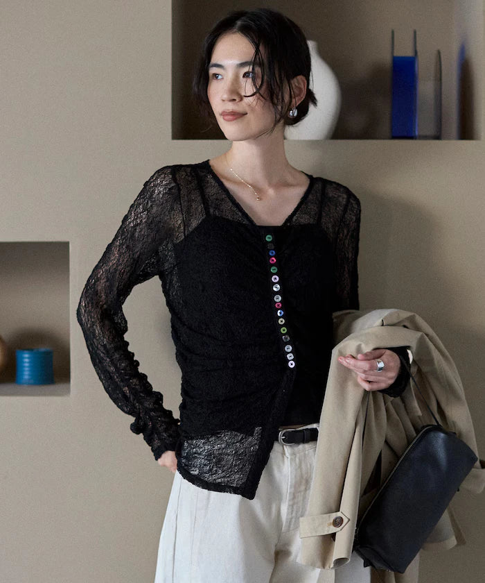 Many Button Lace Shirring Cardigan