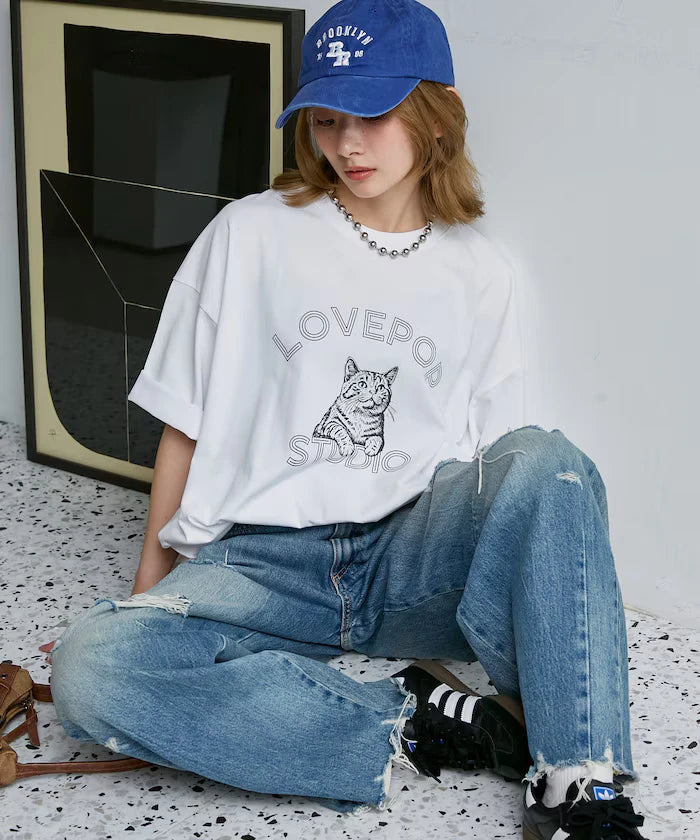 Functional Material Cat Print T-shirt Limited Edition