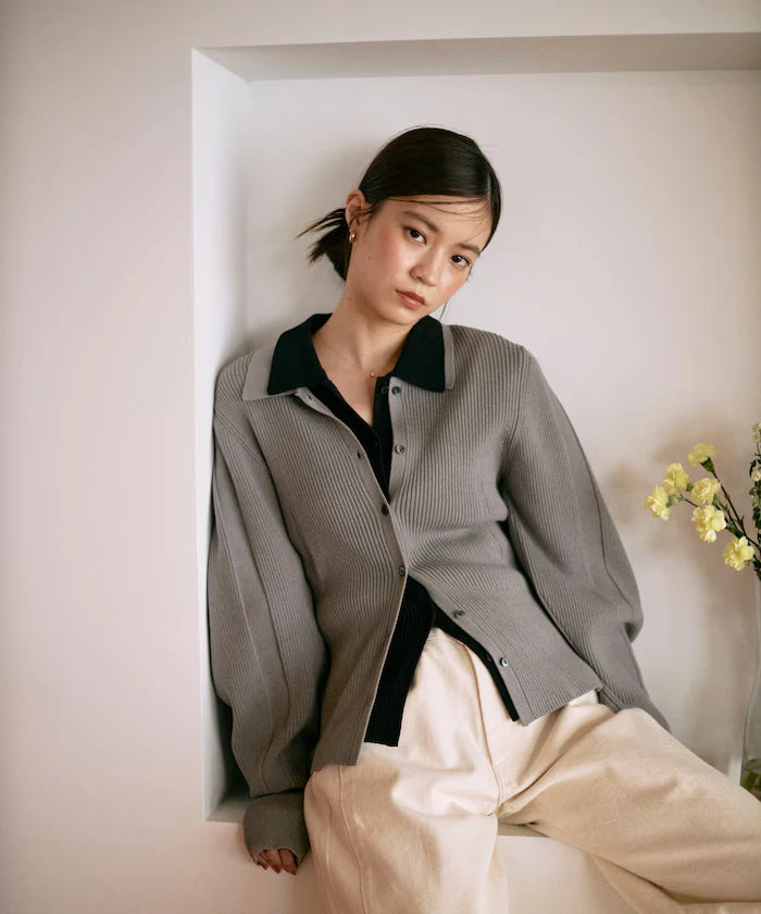 Functional material silk blend knit polo volume sleeve knit cardigan / anti-pill / machine washable