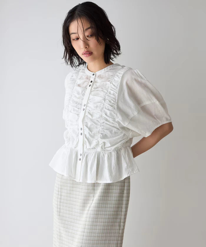 Sheer Shirring Volume Sleeve Blouse / 5 Short Sleeves