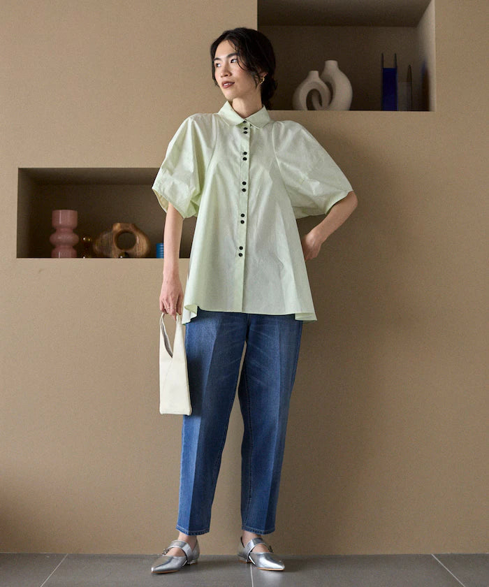 Color Added Balloon Sleeve Shirt / 5 Sleeve Blouse