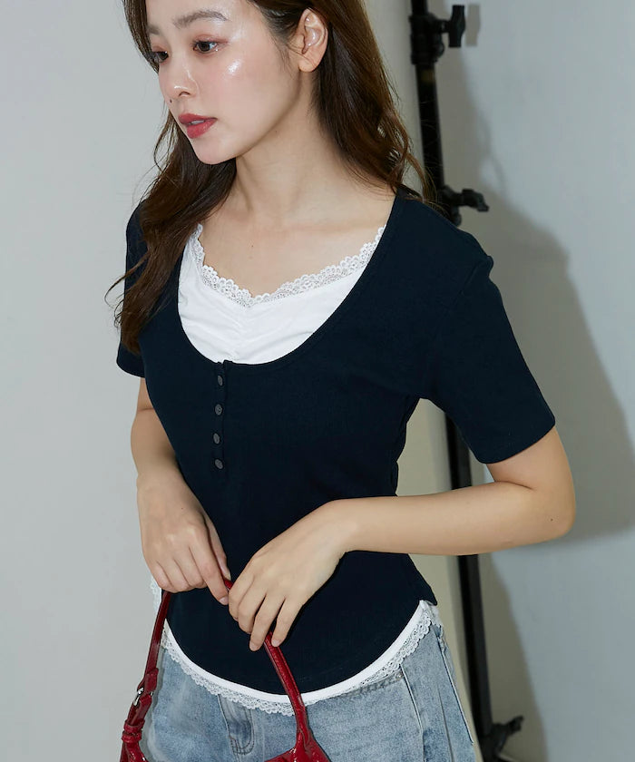Short Sleeve Lace Layered Style Henley Neck T-Shirt Limited Edition