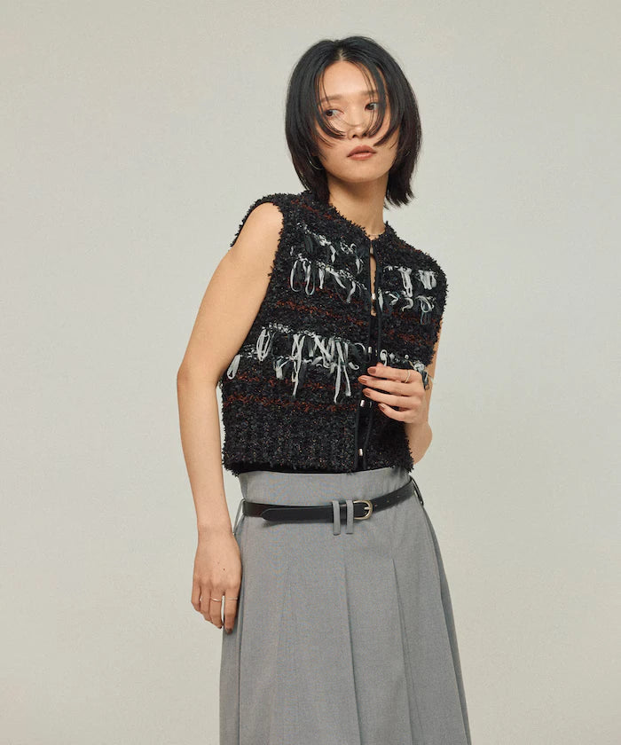 Mixed Material Fringe Knit Vest / Striped Knit Gilet