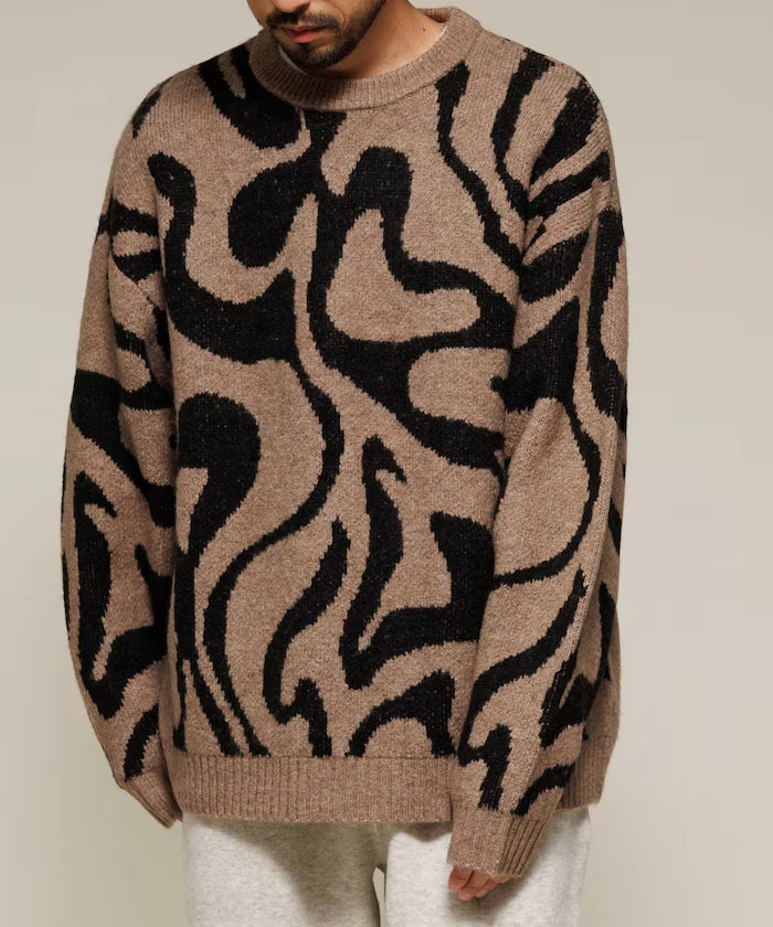 All-over Pattern Double Jacquard Knit Crew Neck Pullover / Relaxed Fit