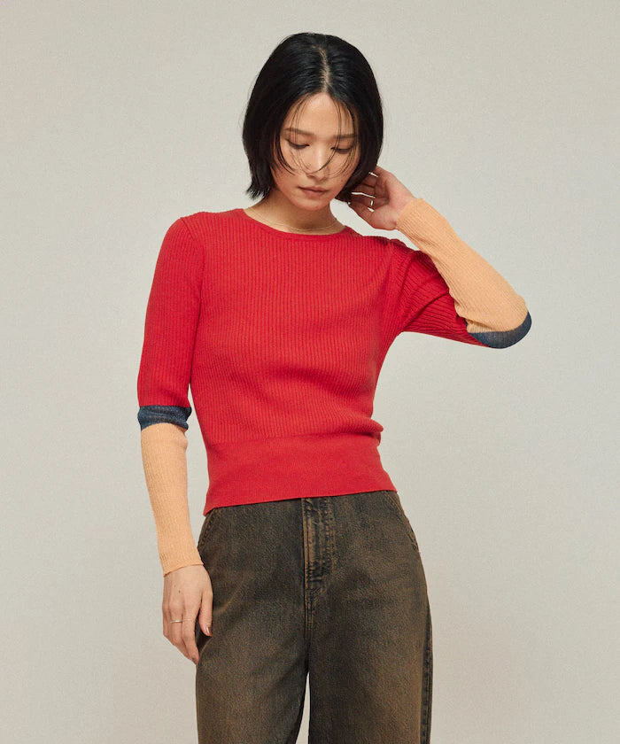 Functional material silk blend color block knit pullover / anti-pill / machine washable