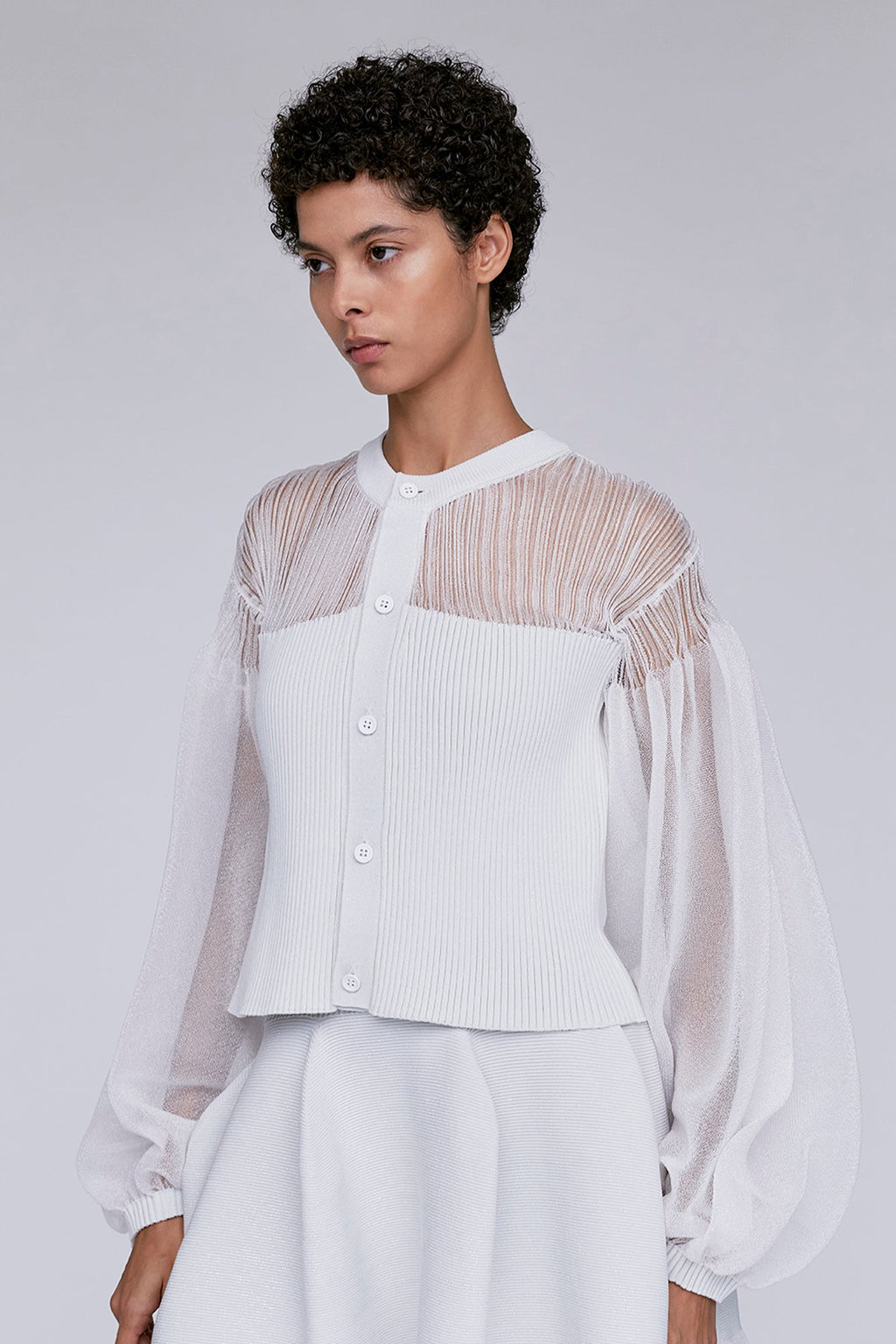 FLUTED LUCENT GLITTER PUFF SLEEVE CROPPED CARDIGAN