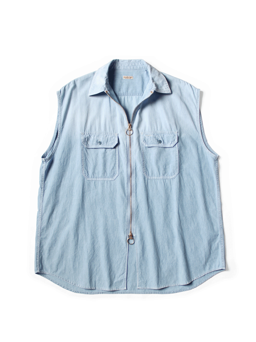 Chambray Sleeveless Zipper Work Shirt