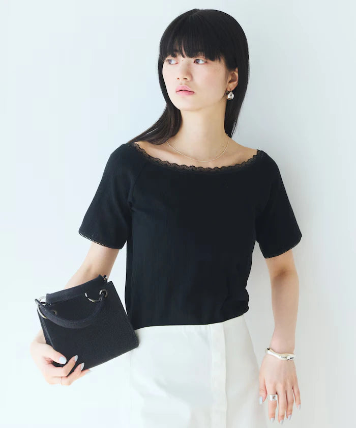Boat Neck Pullover Knit Lace T-Shirt