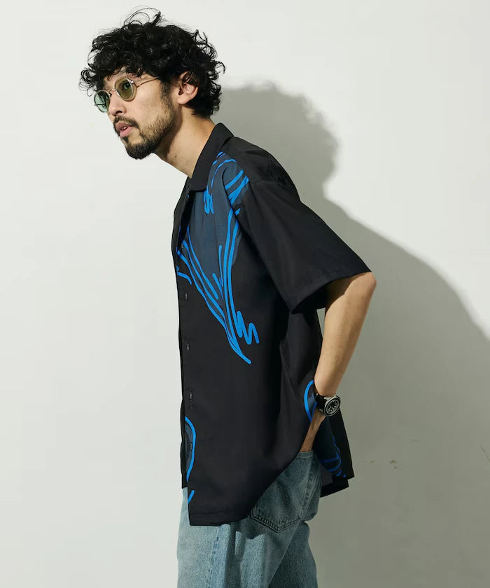 Open Collar Big Pattern Short Sleeve Shirt / Big Silhouette