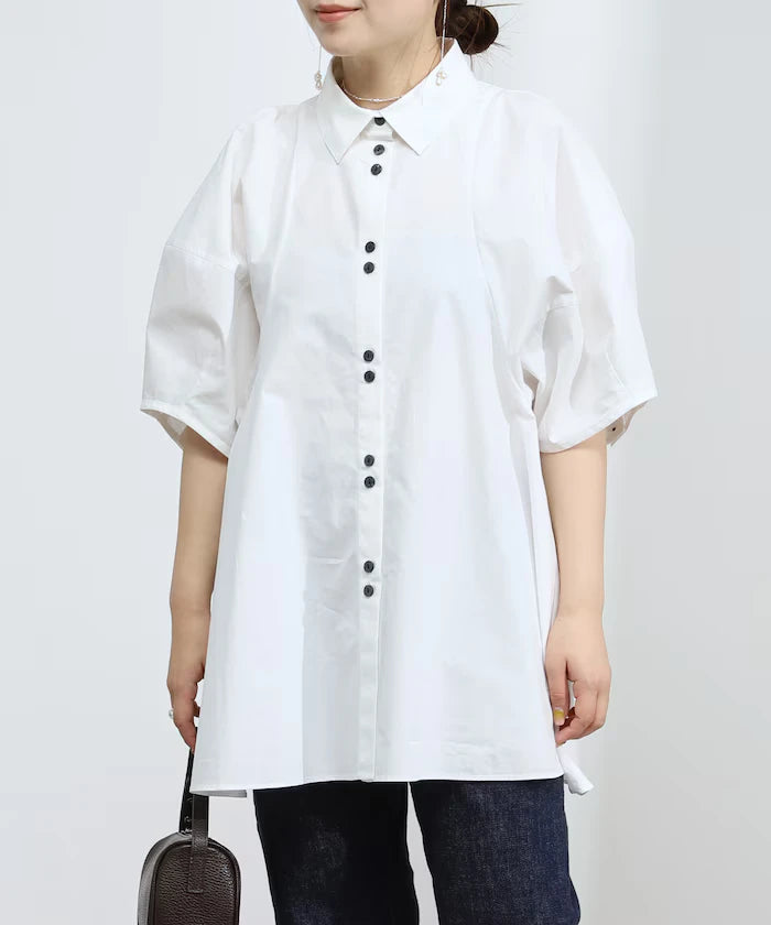 Switching Design Balloon Sleeve Shirt / 5-Minute Sleeve Blouse