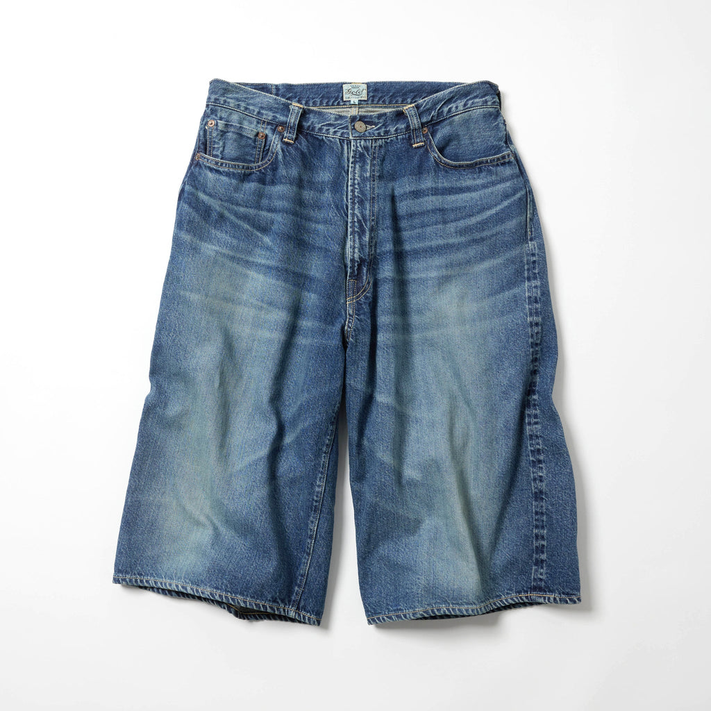 Recycled Waste Suvin Cotton Yarn 11.5oz. Denim 5Pocket Wide Shorts Vintage Washed