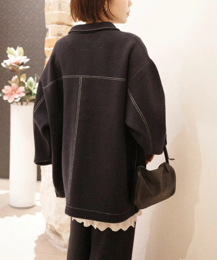 Oversized Wool Blend Knit Coverall / Color Stitch Knit Jacket