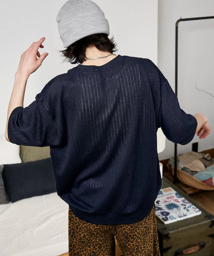 LOVE POP STUDIO Pattern Mesh Henley Neck T-Shirt Limited Release