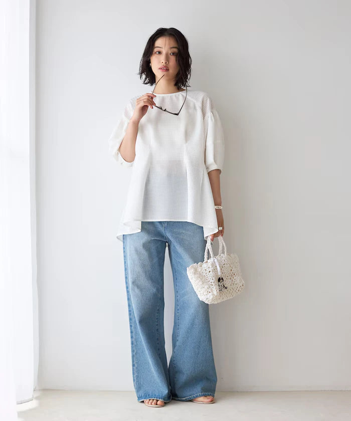 Sheer Check Balloon Sleeve Blouse