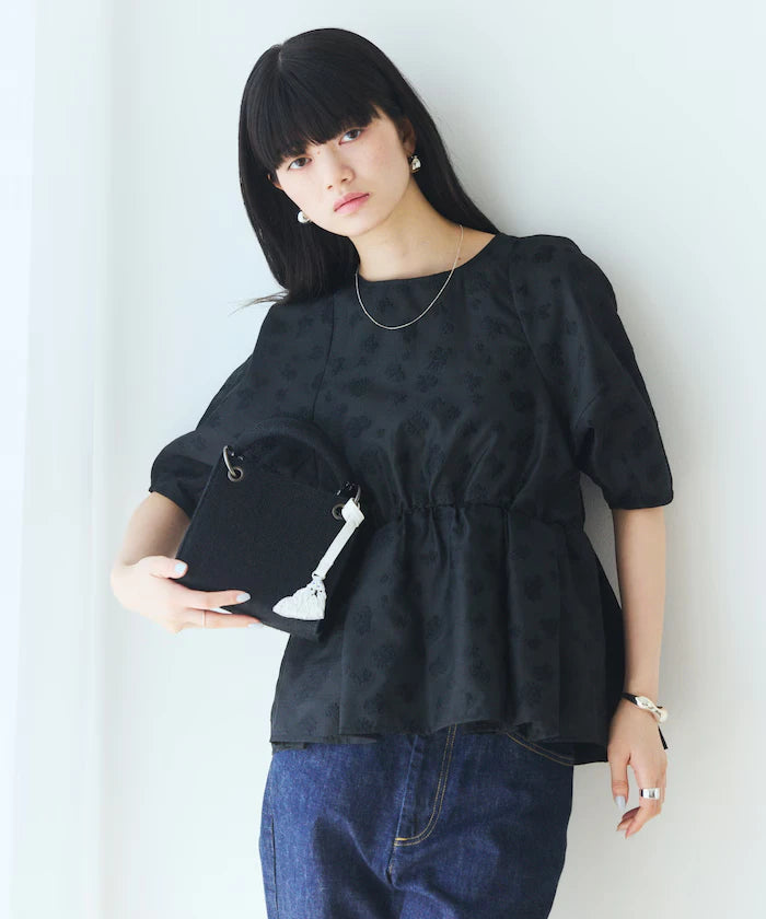 Flower Sheer Jacquard Volume Sleeve Peplum Blouse / 5 Minutes Sleeve