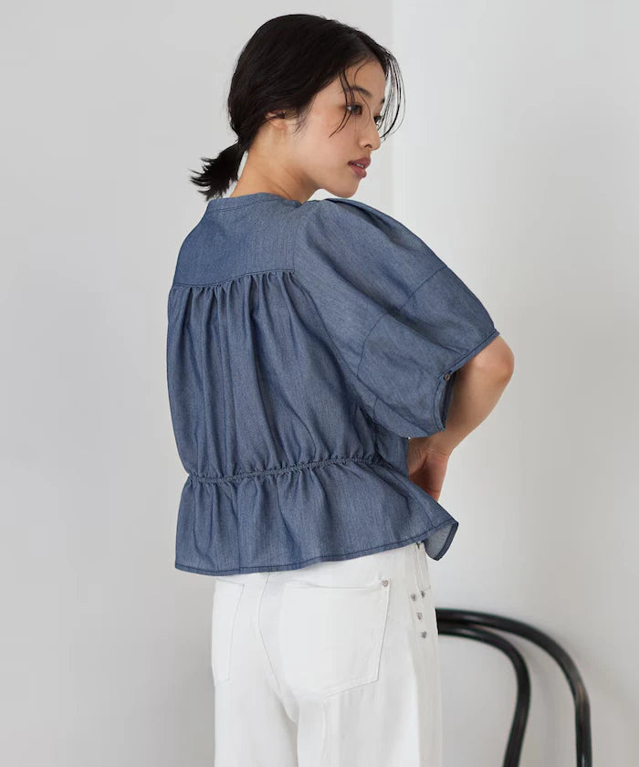 Sheer Shirring Volume Sleeve Blouse / 5 Short Sleeves