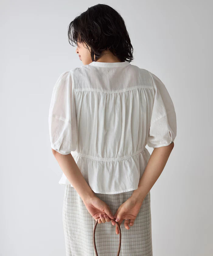 Sheer Shirring Volume Sleeve Blouse / 5 Short Sleeves
