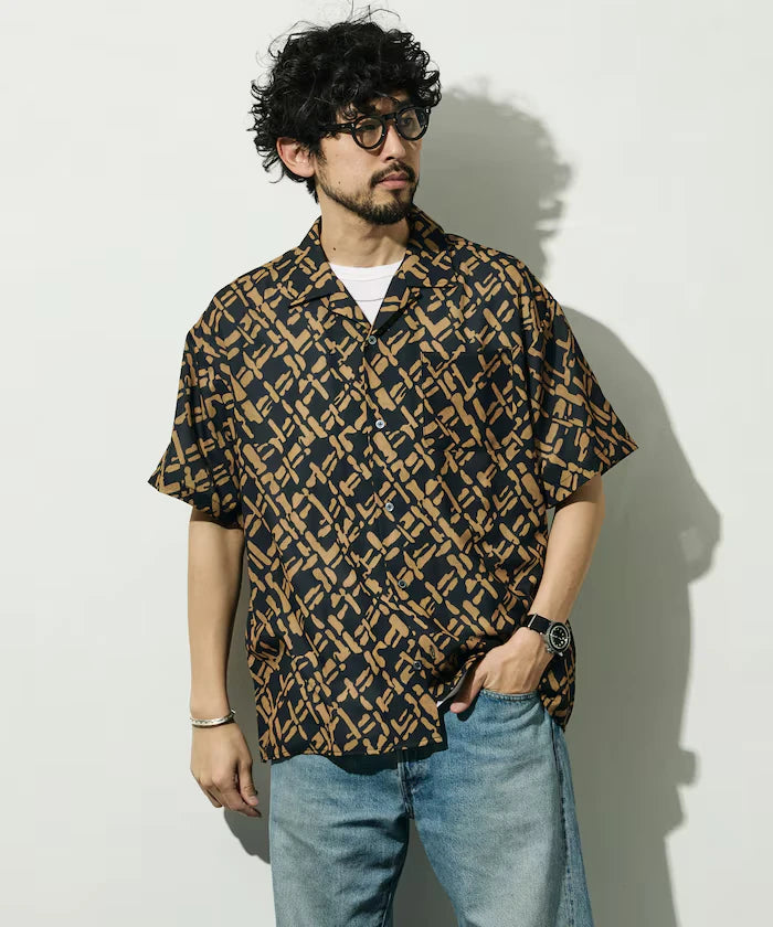 Mesh Open Collar Pattern Short Sleeve Shirt / Allover Design Open Collar Shirt / Big Silhouette