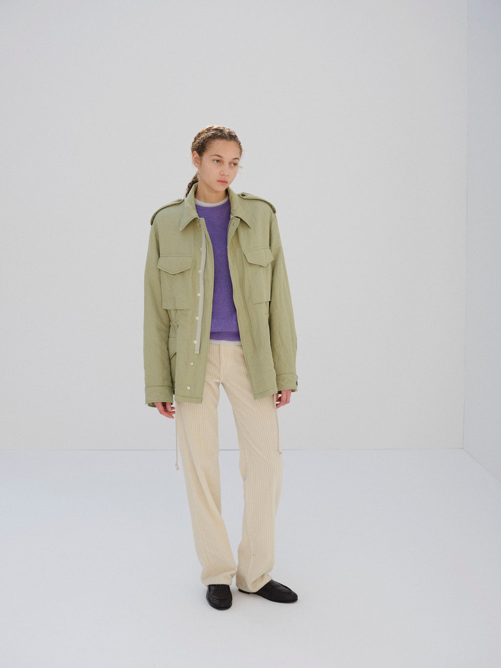 BRUSHED SILK LINEN SATIN PADDED MILITARY BLOUSON