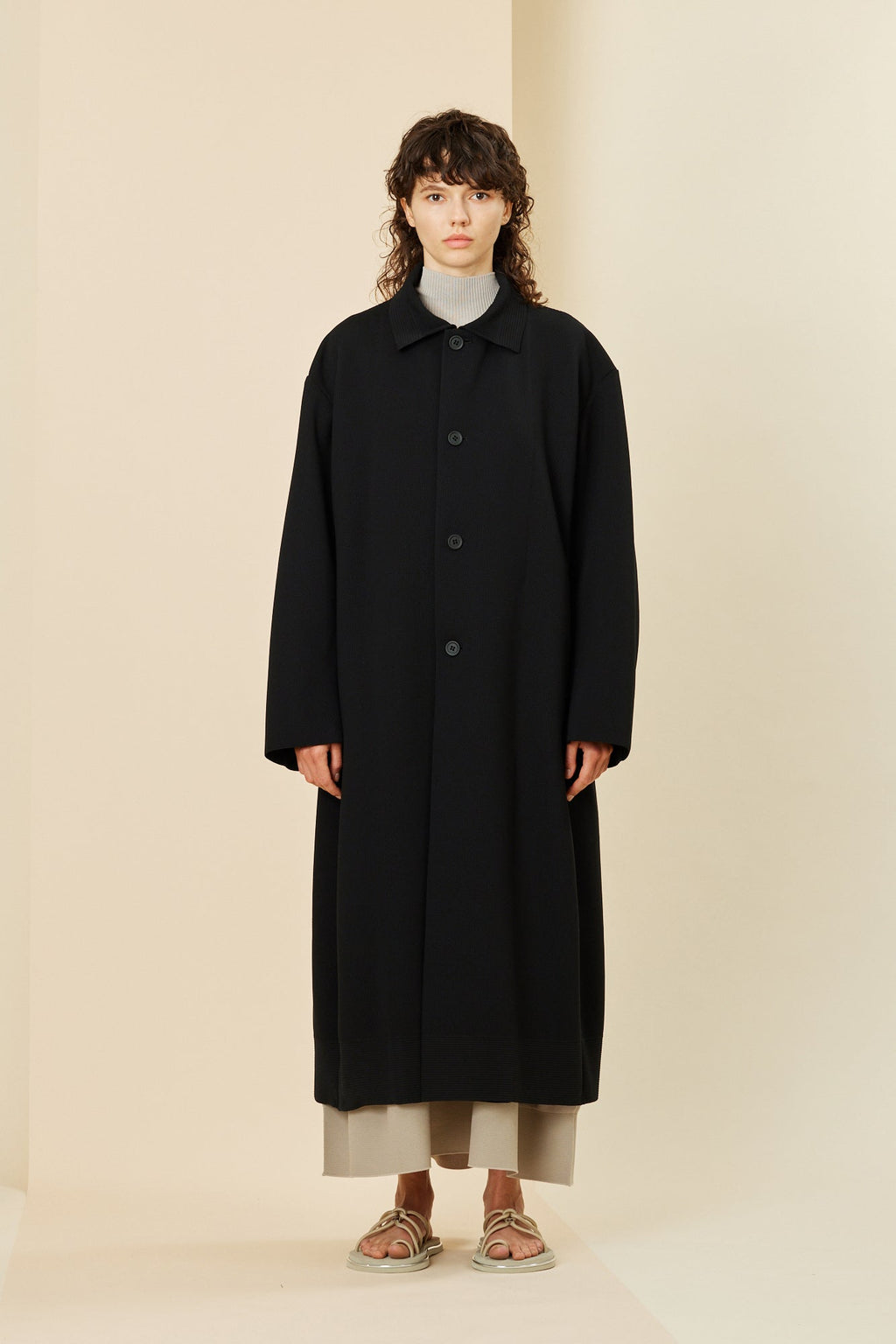 MESH STAND FALL COLLAR LONG COAT