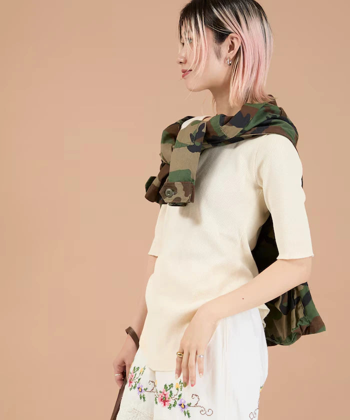 Ribbon Tied 2WAY Waffle 5 Sleeve T-Shirt