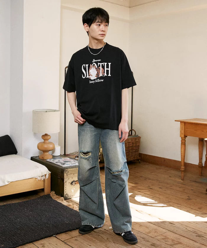 <Functional Material> SLOTH Embroidered Cat T-Shirt Limited Edition