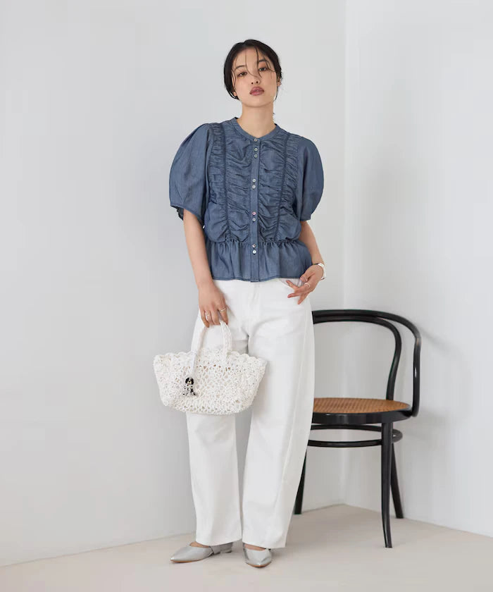 Sheer Shirring Volume Sleeve Blouse / 5 Short Sleeves