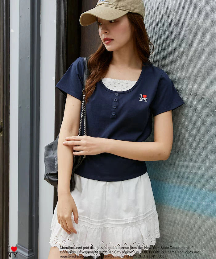 I LOVE NY Floral Pattern Layered Style Henley Neck T-Shirt Limited Edition
