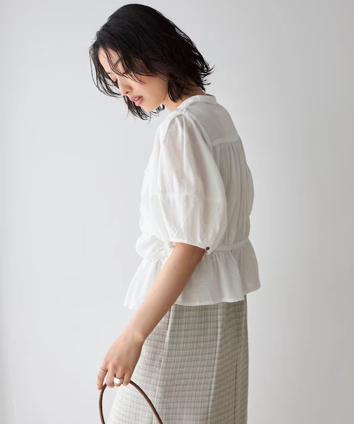 Sheer Shirring Volume Sleeve Blouse / 5 Short Sleeves