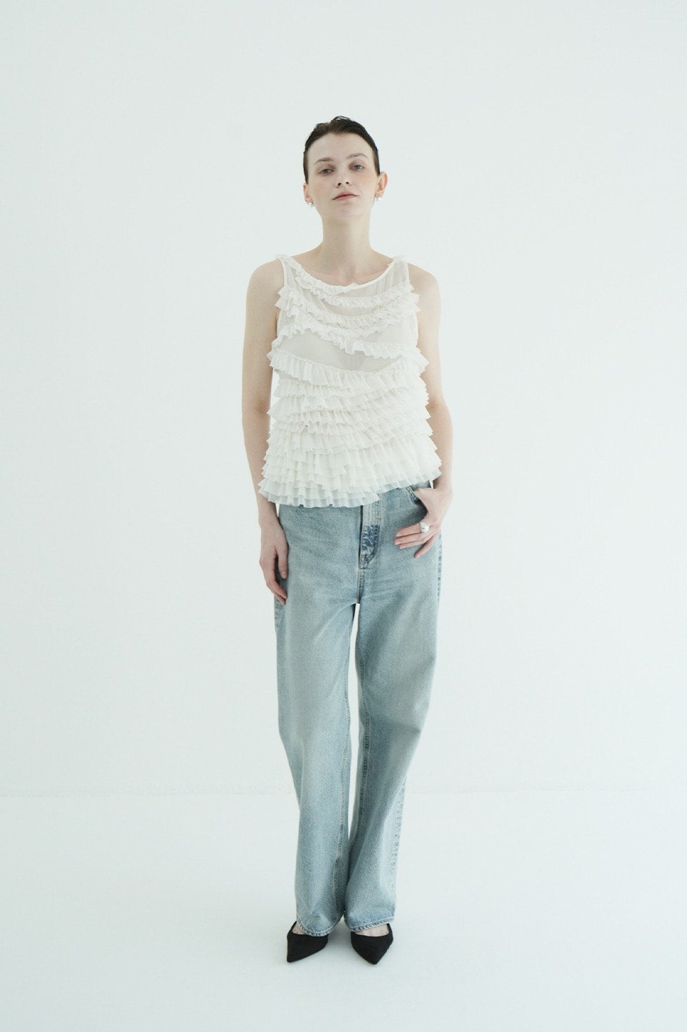 RANDOM FRILL SHEER N/S TOPS