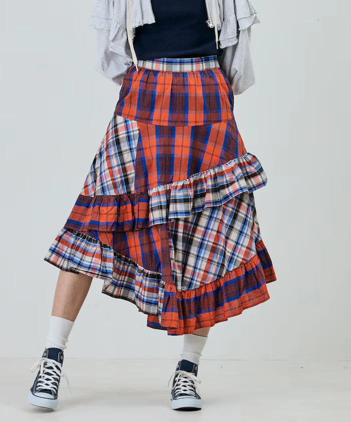 Check x Check Asymmetrical Frill Skirt