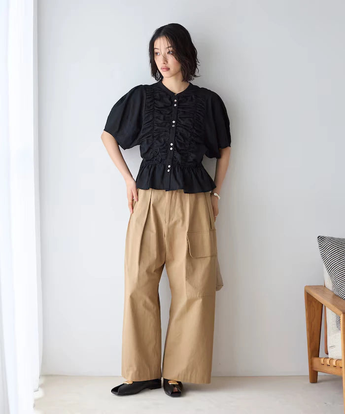 Sheer Shirring Volume Sleeve Blouse / 5 Short Sleeves