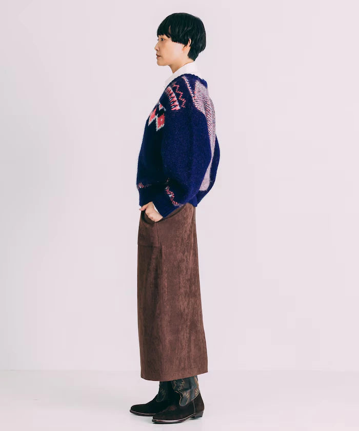 V-neck color block Nordic pattern knit