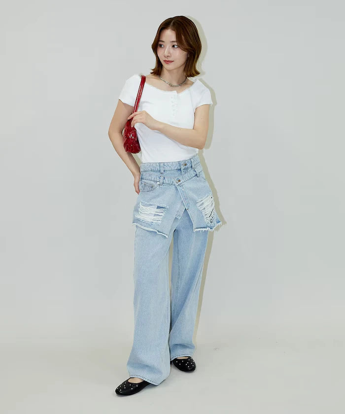 Collar Lace Contrast Henry Rib T-Shirt