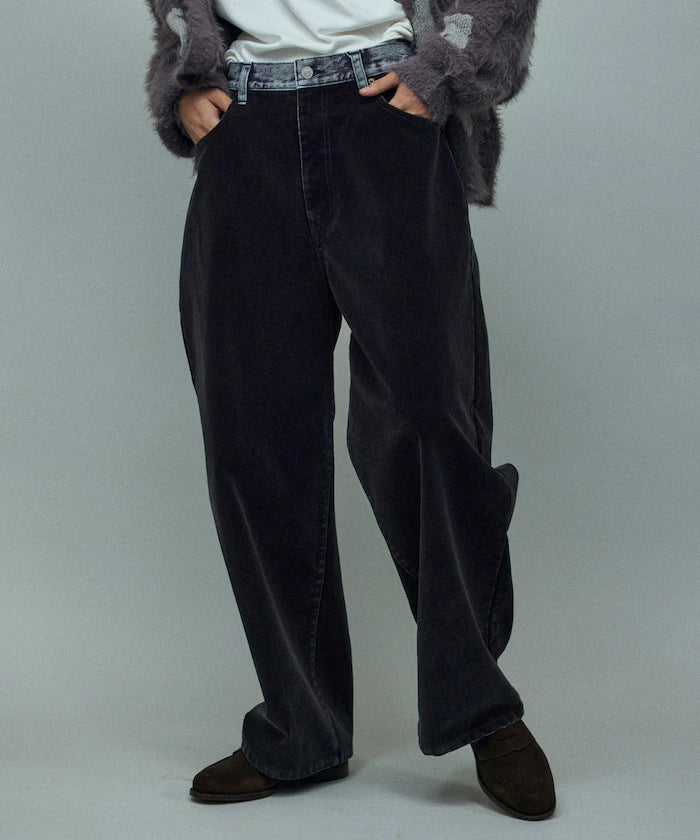 Flocked Denim Contrast Wide Straight Pants